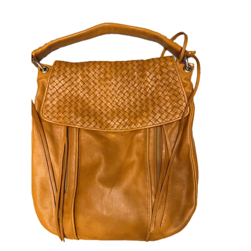 Christopher Kon Mustard Woven‎ Leather Hobo Bag Fringe Detail Shoulder Bag